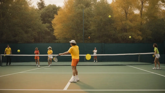 6 players dressed in yellow and orange playing pickleball in the 70s