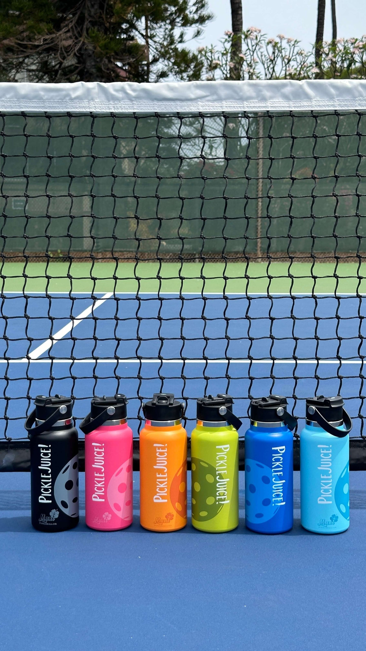 6 water bottles in rainbow colors with pickle juice written on the side and a pickleball 