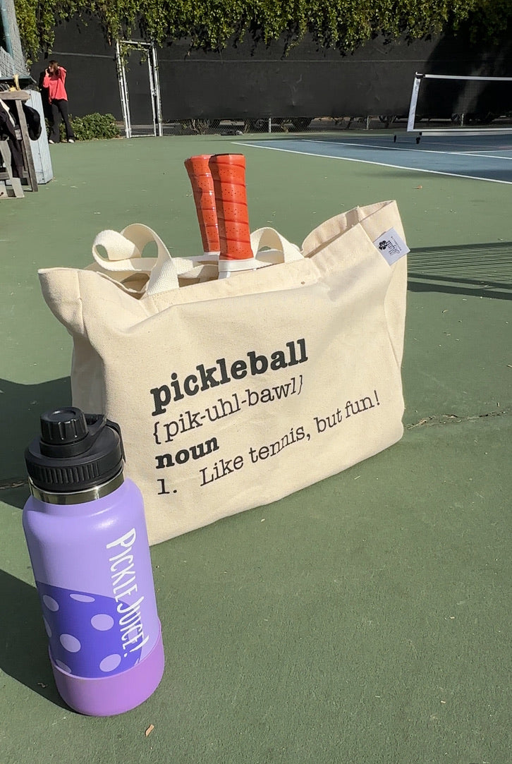 purple pickleball water bottle with  pickleball bag canvas tote
