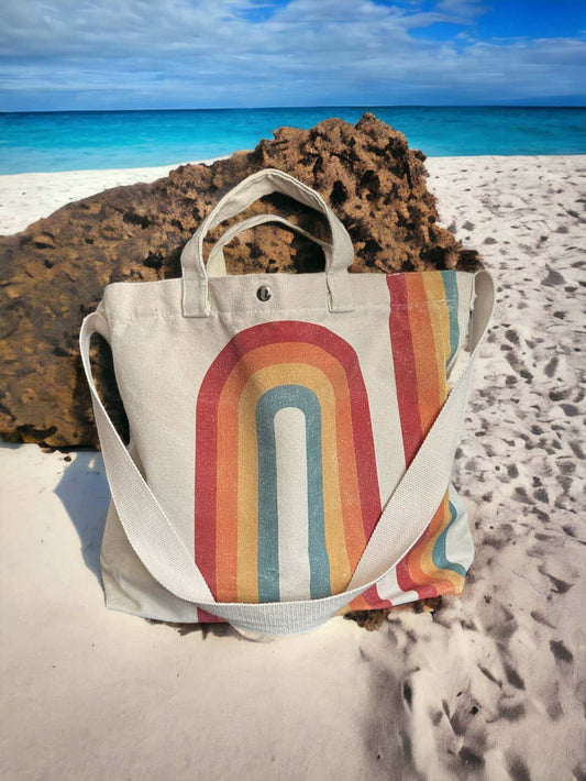 cute rainbow beach bag in canvas, holds 2 pickleball paddles